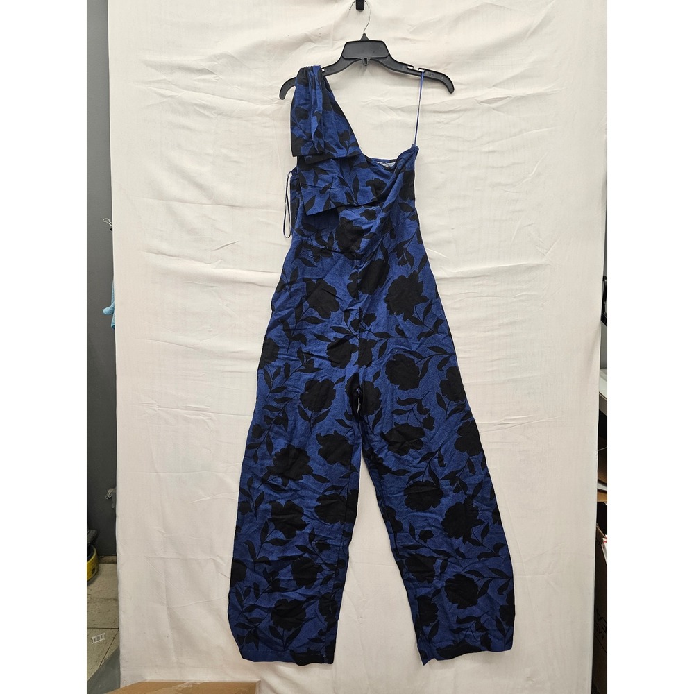 Kate Spade Womens One Shoulder Floral Jumpsuit Blue Linen Blend Casual Size 4